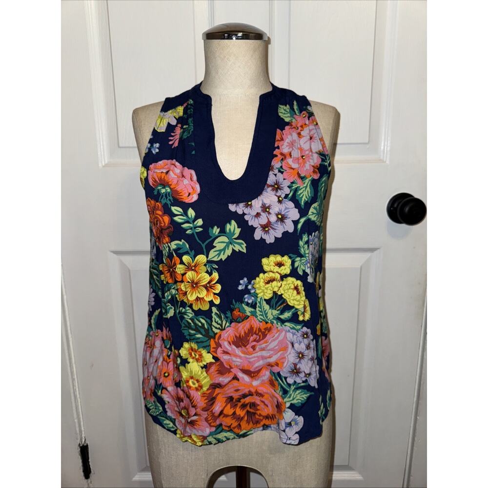 Maeve Anthropologie Melange Blue Floral Sleeveless Top Shirt Blouse Size 0‎